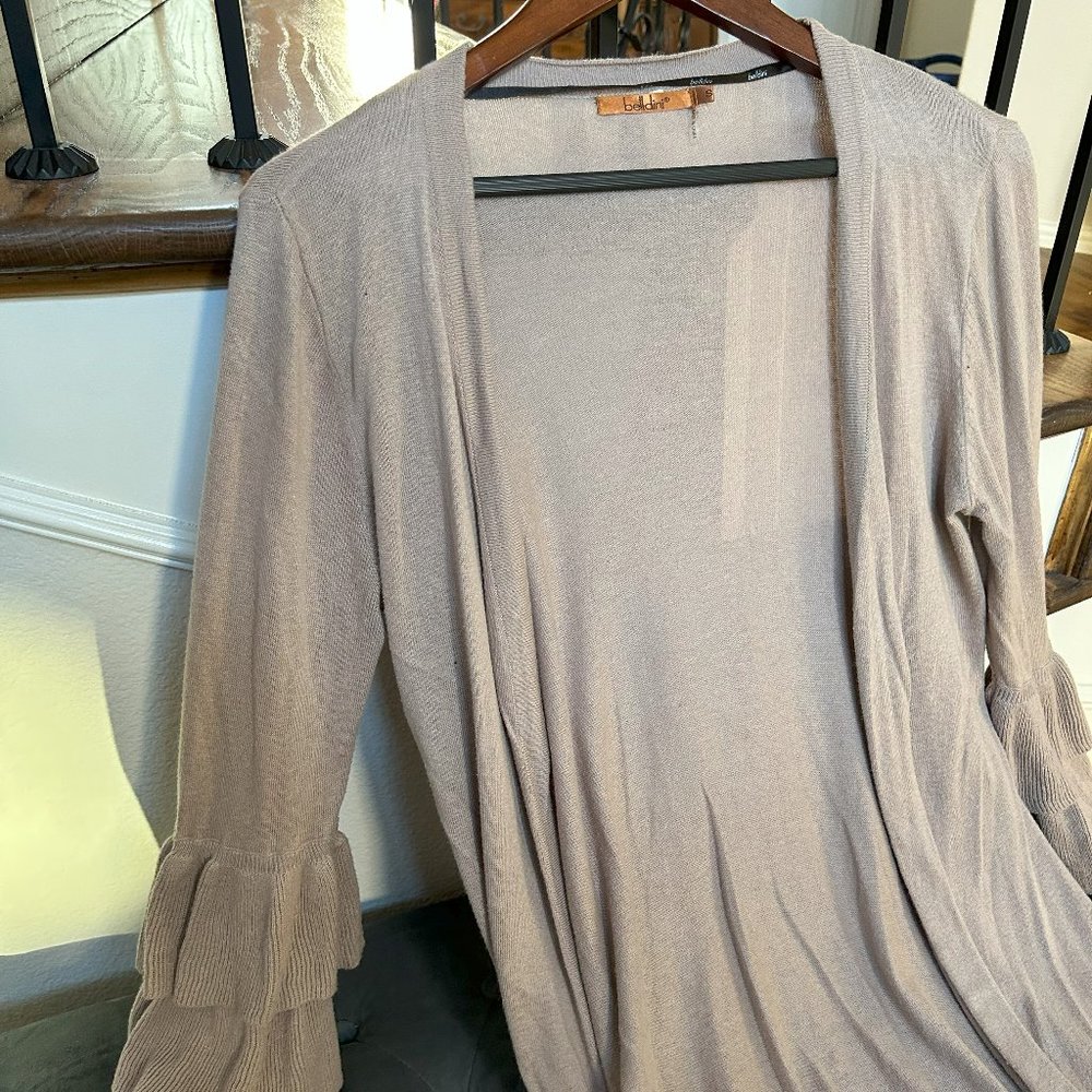 Belldini's  Tan Ruffled Long Cardigan Sweater with Ruffled Sleeves in Size Small